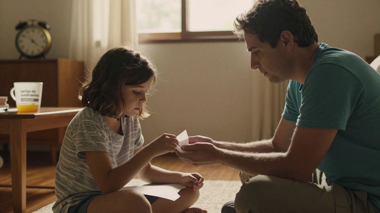 Criança e adulto sentados no chão, a criança lê um papel entregue pelo adulto numa sala iluminada.