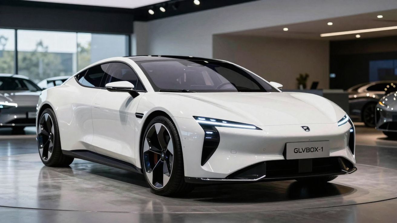 Carro desportivo elétrico branco com design aerodinâmico em exposição numa sala moderna.