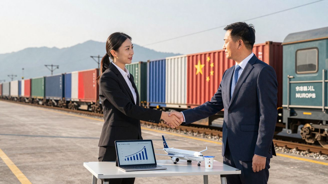 Dois profissionais a apertar as mãos junto a um comboio de contentores com gráficos de crescimento num portátil.