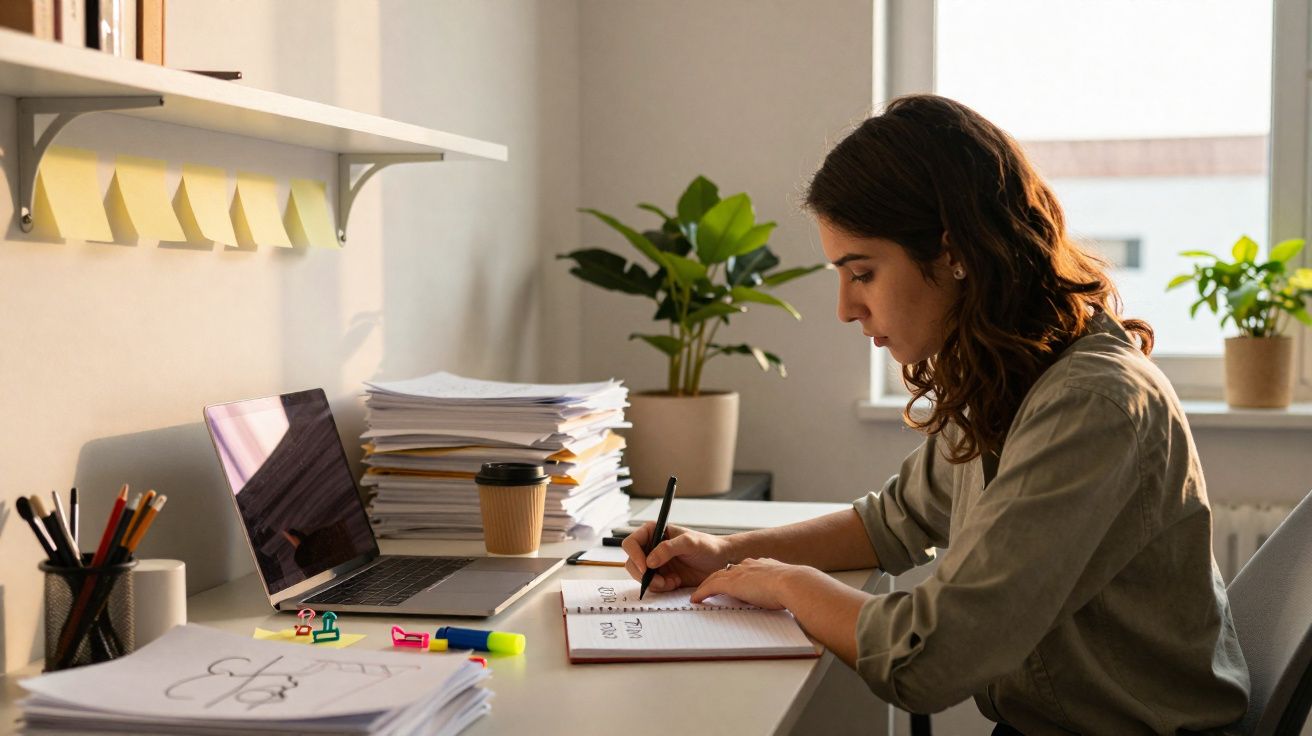 Mulher a estudar sentada numa secretária com computador, apontamentos e planta em ambiente iluminado.