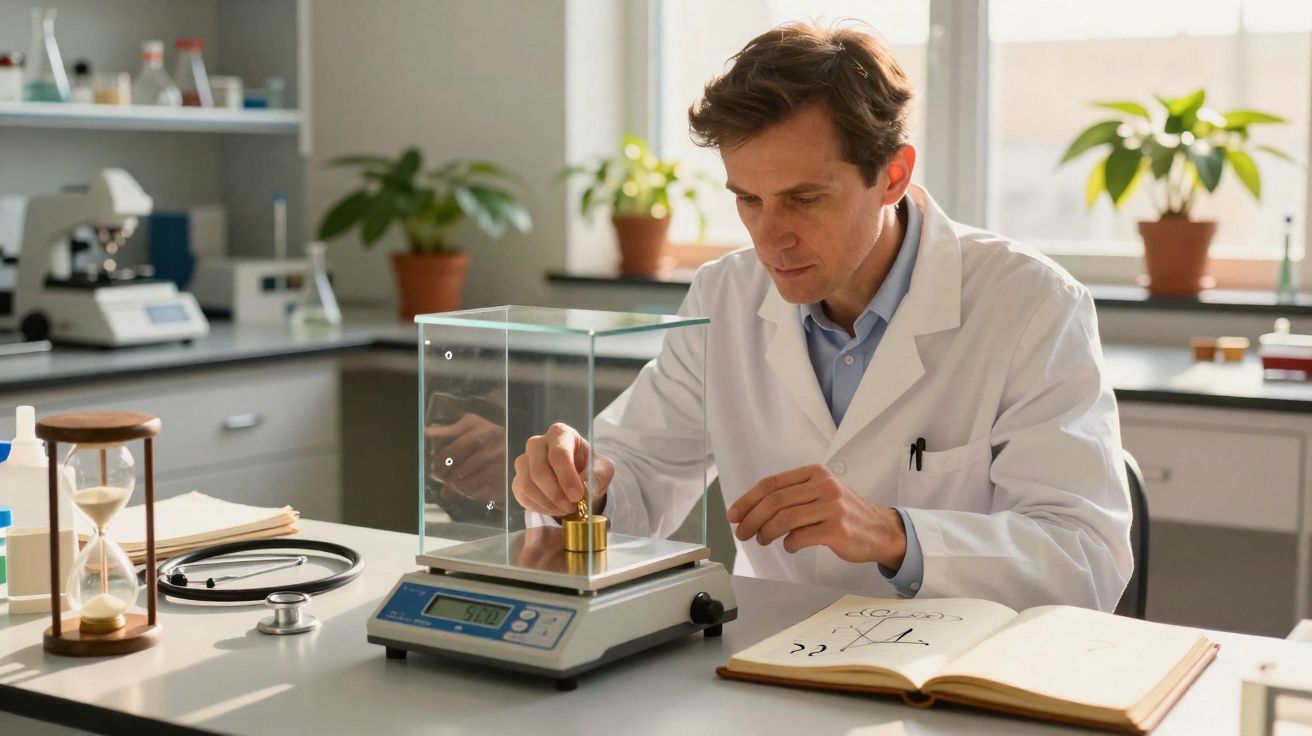Cientista a usar balança digital para pesar objeto dourado numa bancada de laboratório organizada.