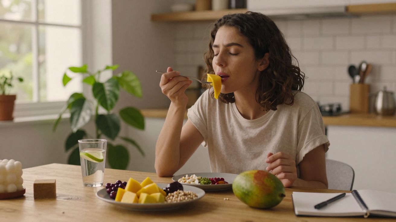 Mulher a saborear pedaço de manga sentada à mesa com fruta, caderno e copo de água com limão.