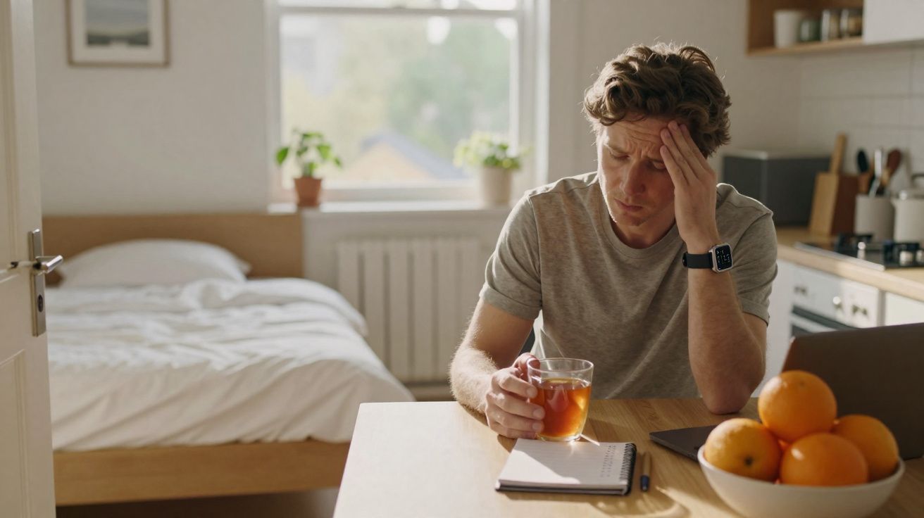 Homem com expressão preocupada segura copo de chá sentado à mesa numa cozinha com cama ao fundo.