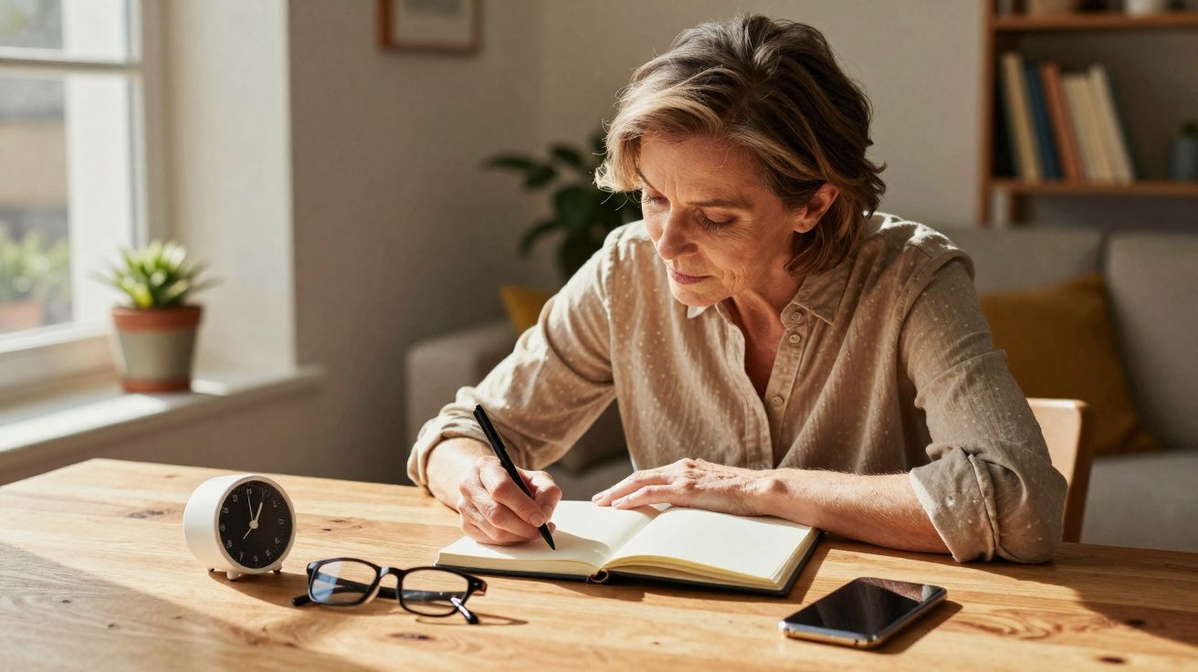 Mulher madura sentada a escrever num caderno à mesa com óculos, telemóvel e relógio ao lado numa sala iluminada.