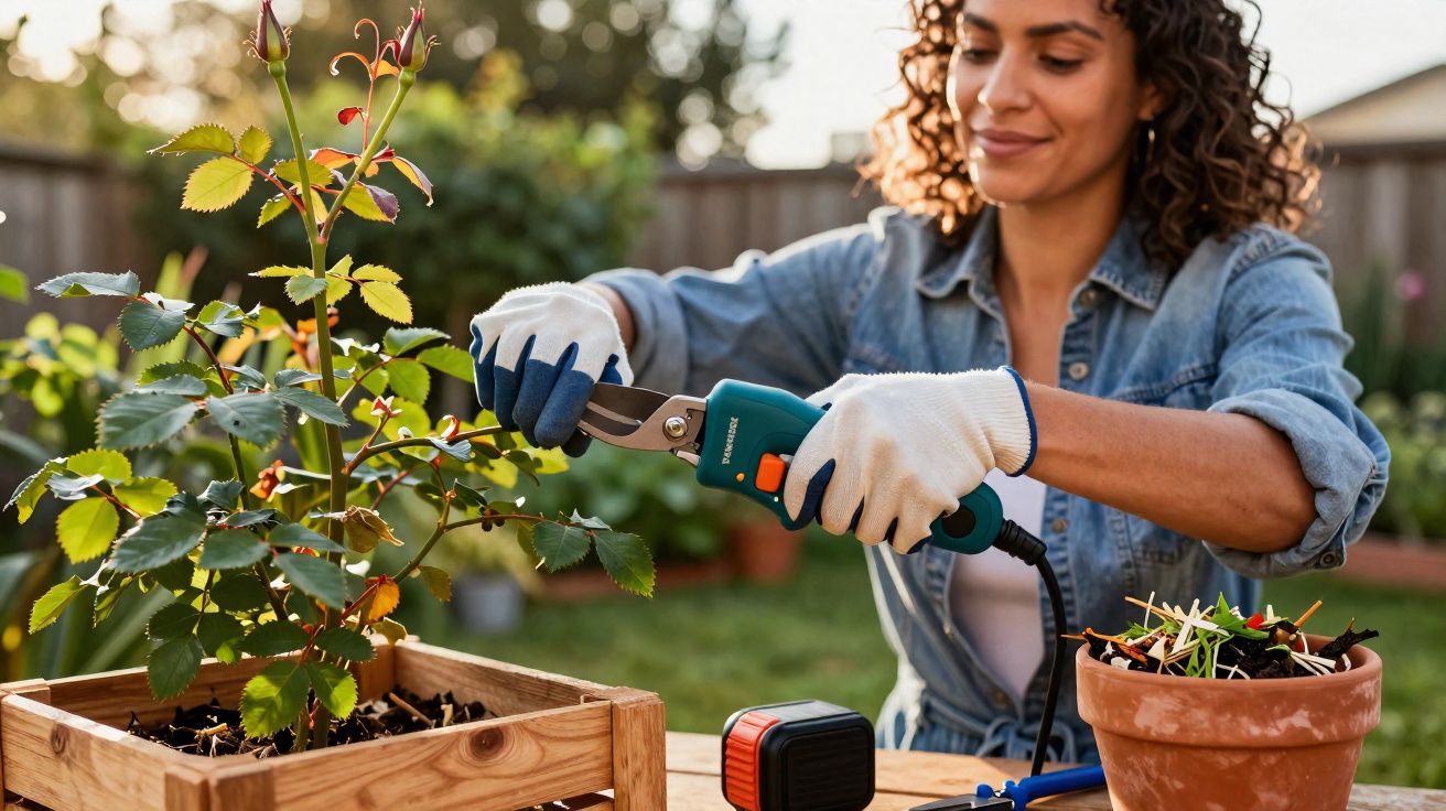 Mulher a podar planta verde com tesoura elétrica num jardim, usando luvas e camisa azul.