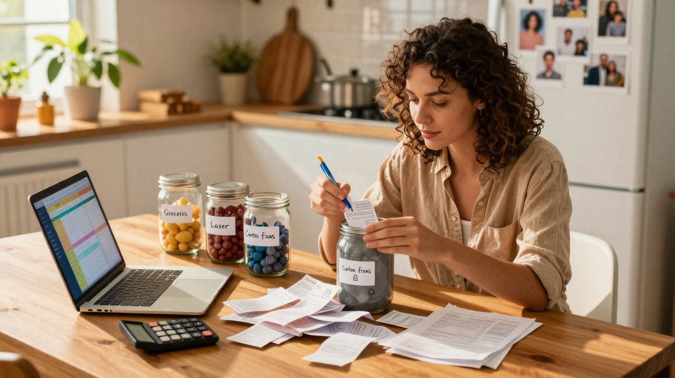 Mulher a organizar finanças em frascos etiquetados, com laptop, calculadora e papéis numa cozinha.