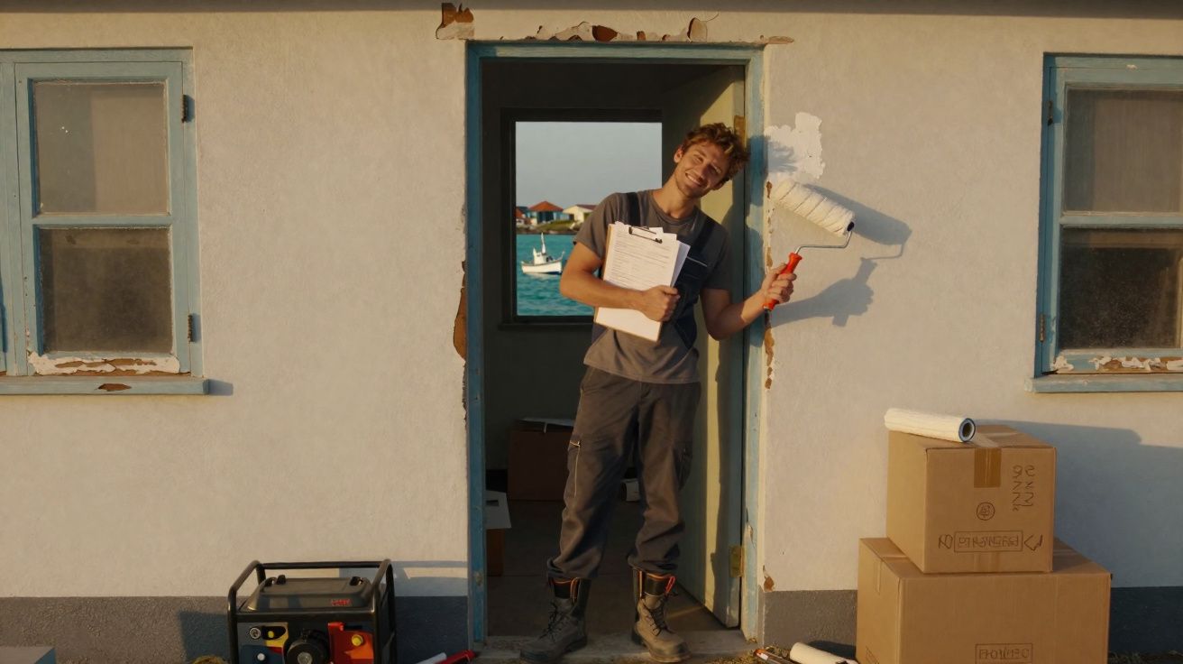 Homem jovem com rolo de pintura e prancheta, a pintar porta de casa perto de caixas e gerador.