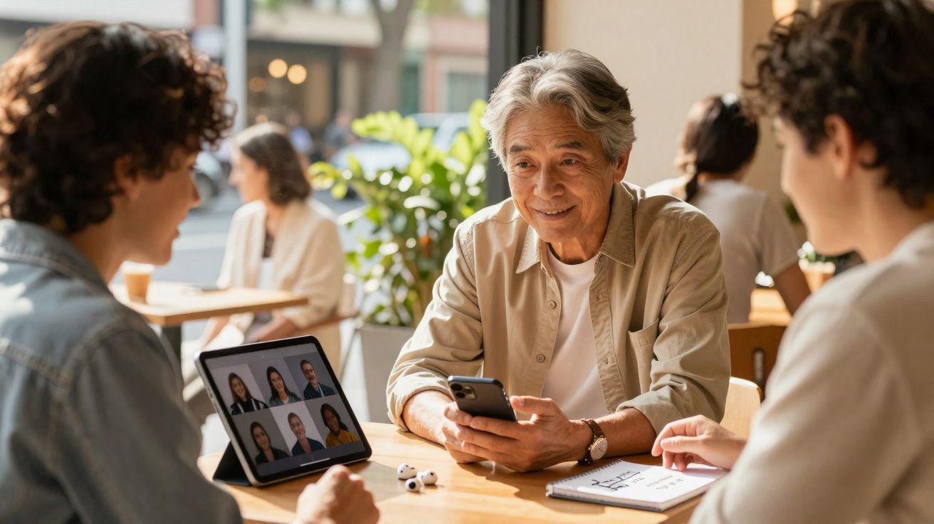 Três pessoas reunidas à mesa com um tablet em videochamada e um homem mais velho a segurar um telemóvel.