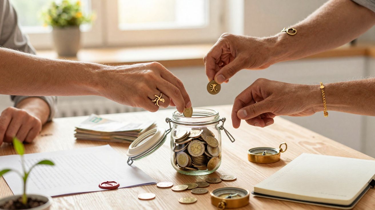 Duas pessoas a colocar moedas num frasco de vidro num ambiente de escritório luminoso e organizado.