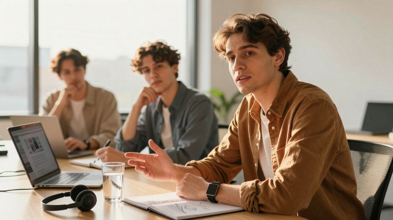 Três jovens homens sentados à mesa em reunião, um deles a falar e gesticular para os colegas.