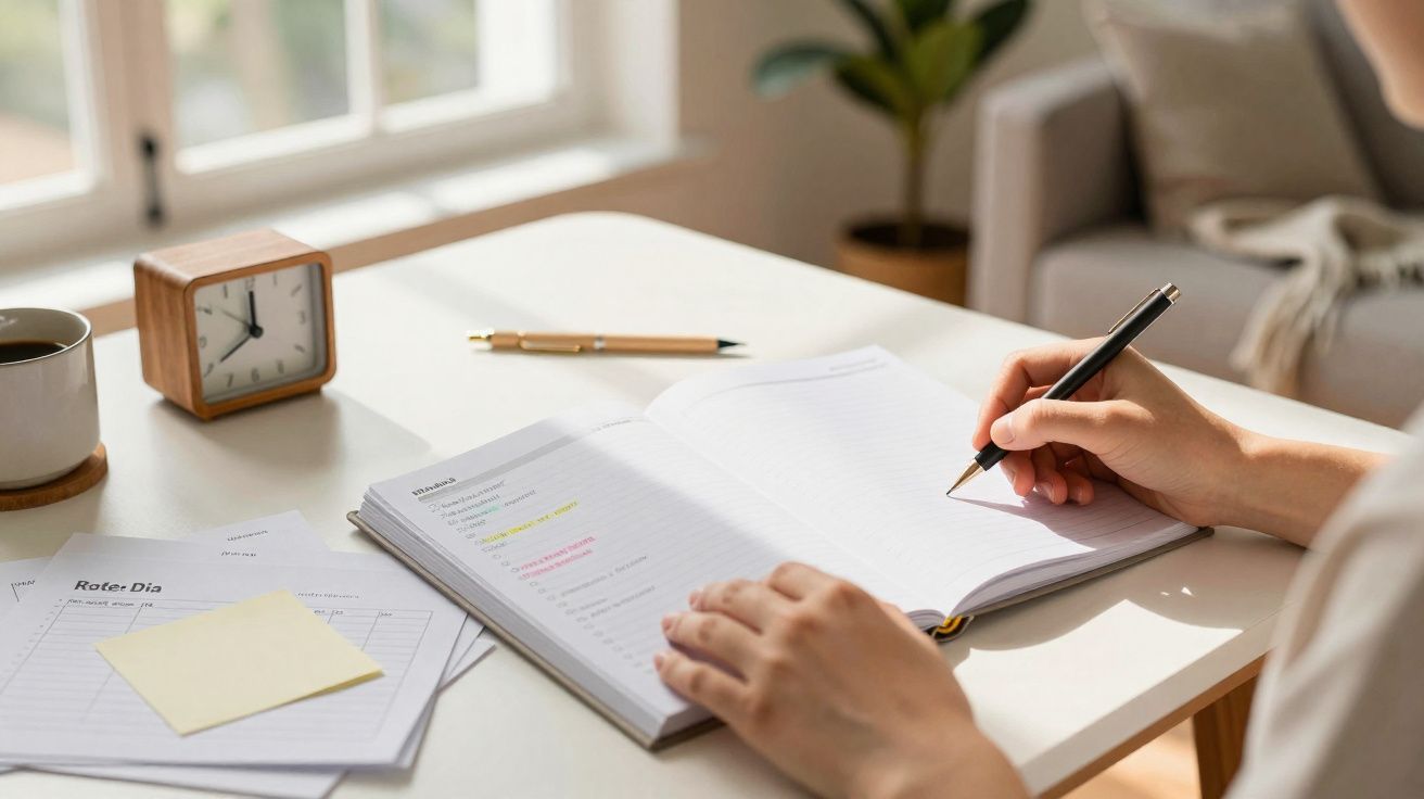 Pessoa a escrever num caderno aberto numa secretária com relógio, caneta, documentos e chá ao lado.