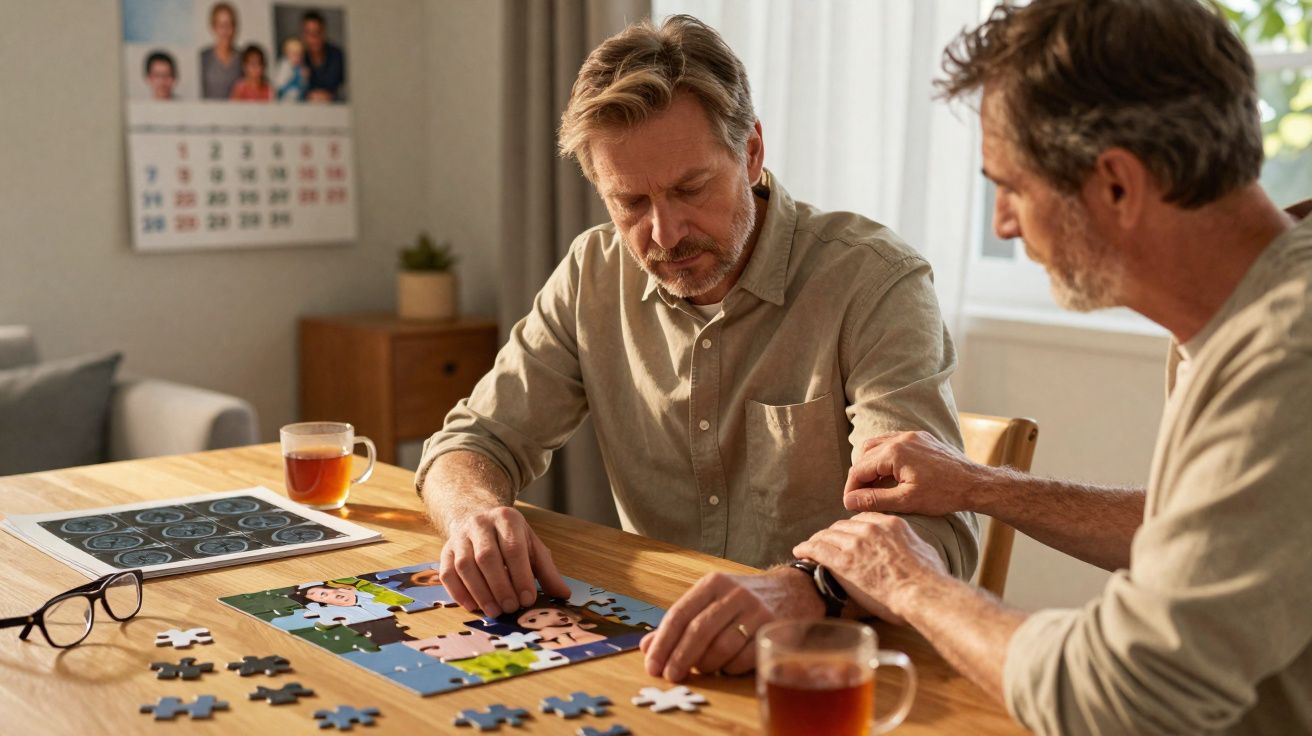 Dois homens adultos a montar um puzzle juntos numa mesa de madeira com chá e óculos ao lado.
