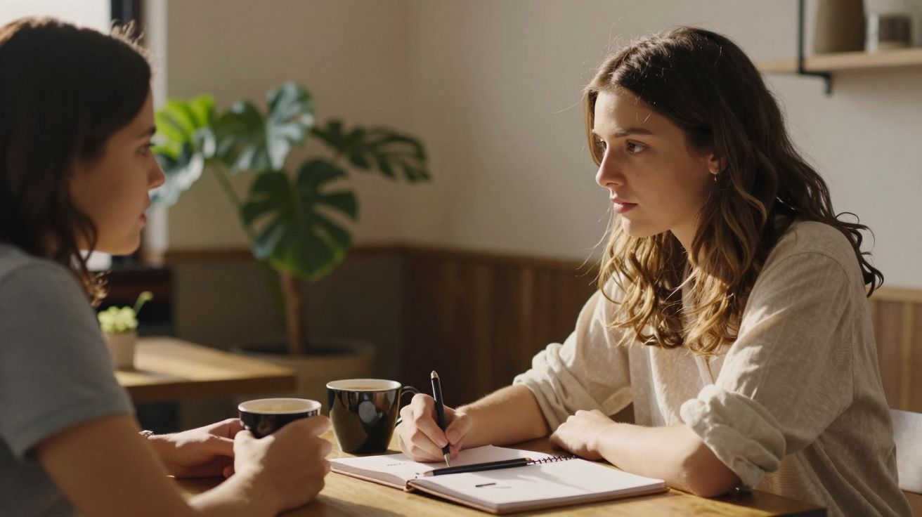 Duas mulheres sentadas à mesa, uma delas escreve num caderno enquanto a outra segura uma chávena.