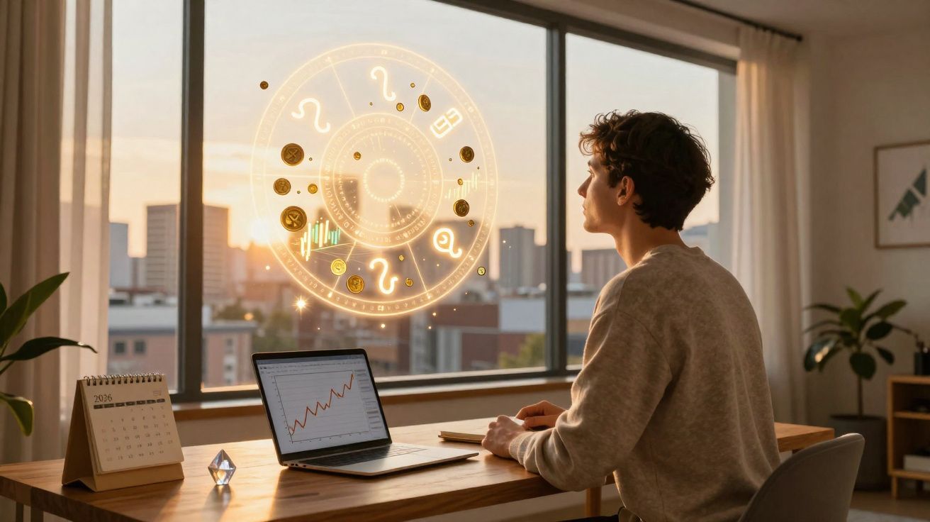 Jovem sentado à secretária a olhar para signos do zodíaco flutuantes, com computador e calendário à frente.