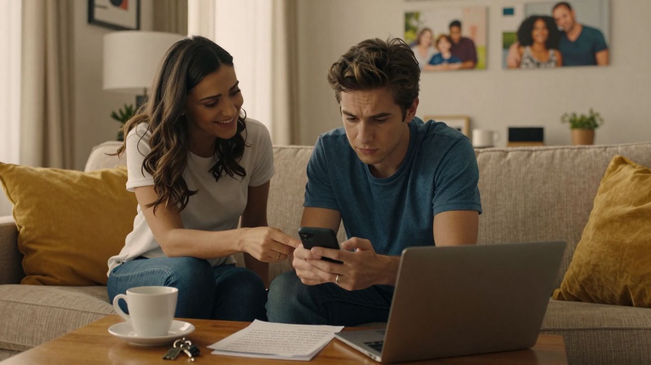 Casal sentado no sofá, homem a olhar o telemóvel e mulher a sorrir enquanto aponta para o ecrã.