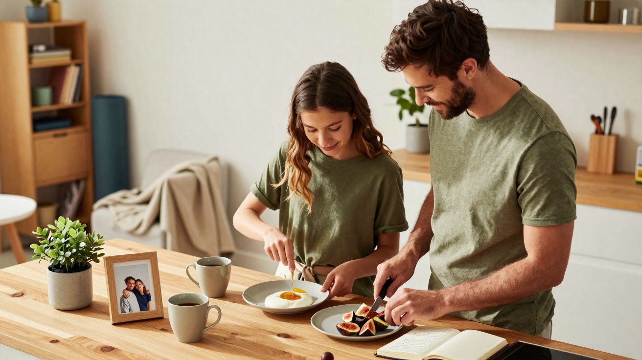 Pai e filha a preparar ovos e figos na cozinha moderna e acolhedora.