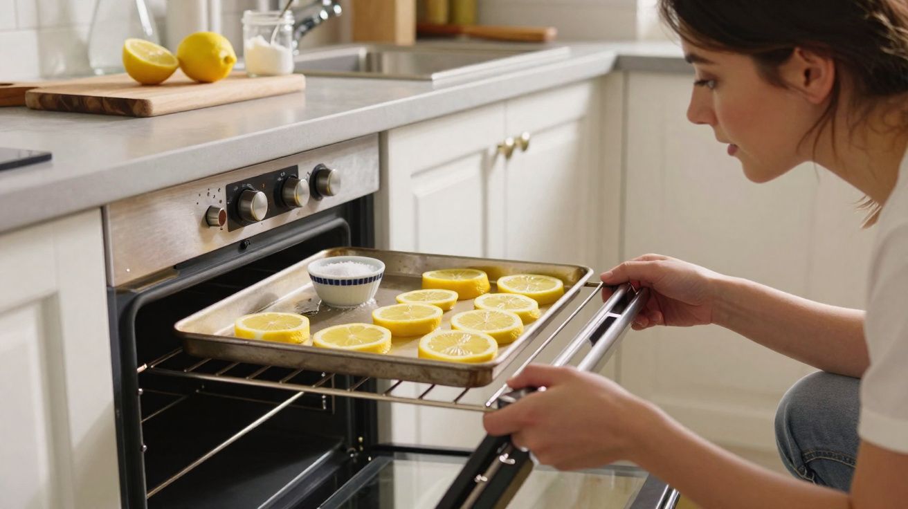 Mulher a colocar tabuleiro com rodelas de limão no forno numa cozinha moderna e luminosa.
