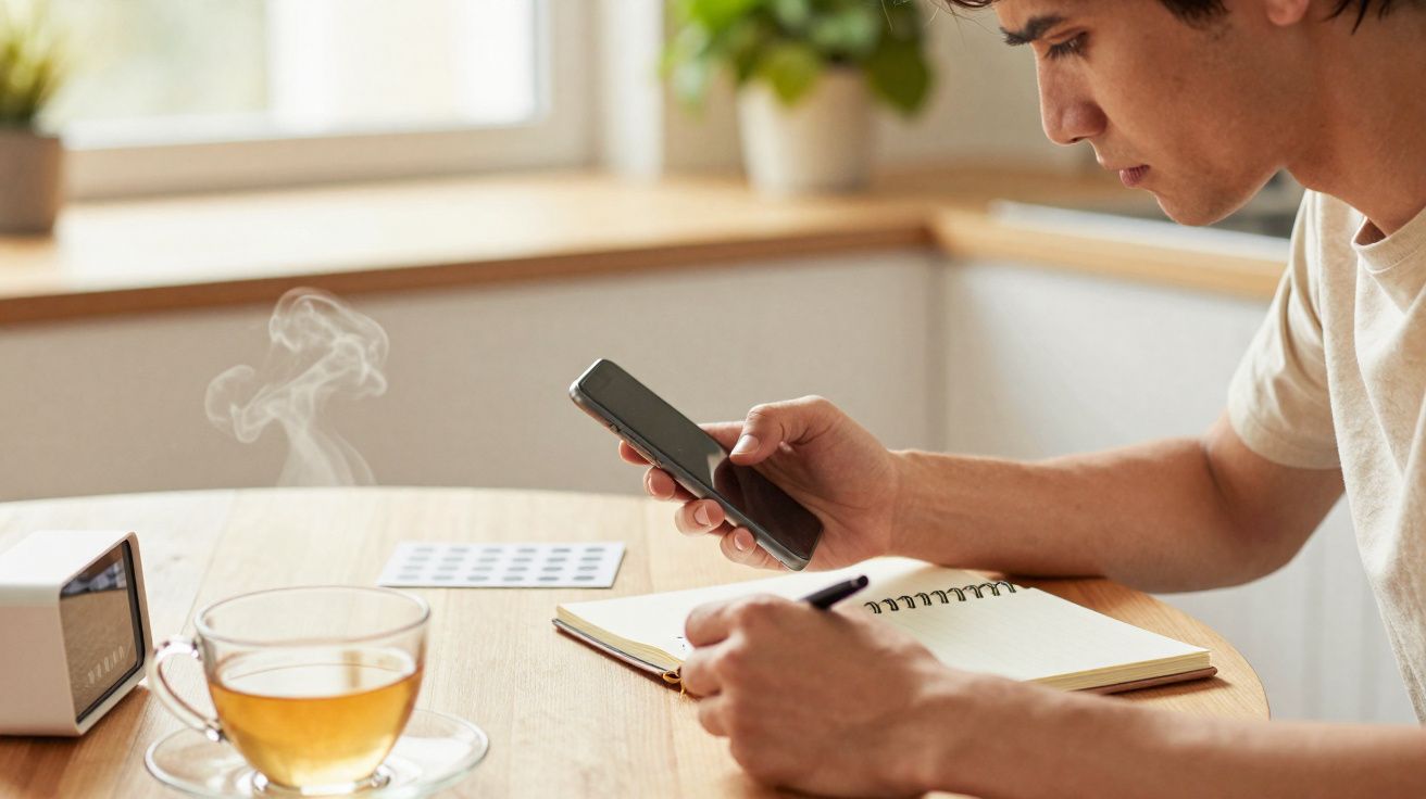 Jovem a escrever num caderno enquanto consulta o telemóvel, com chá quente numa mesa à frente.