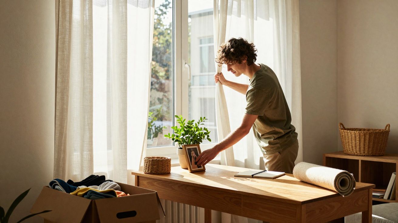 Jovem arruma moldura junto a mesa com planta, cesta e rolo numa divisão iluminada por luz natural.