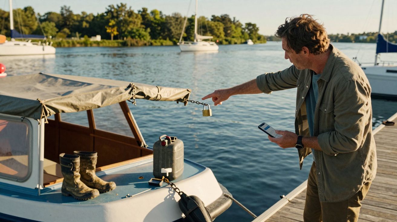Homem a apontar para um cadeado numa pequena embarcação atracada num cais junto a águas calmas.