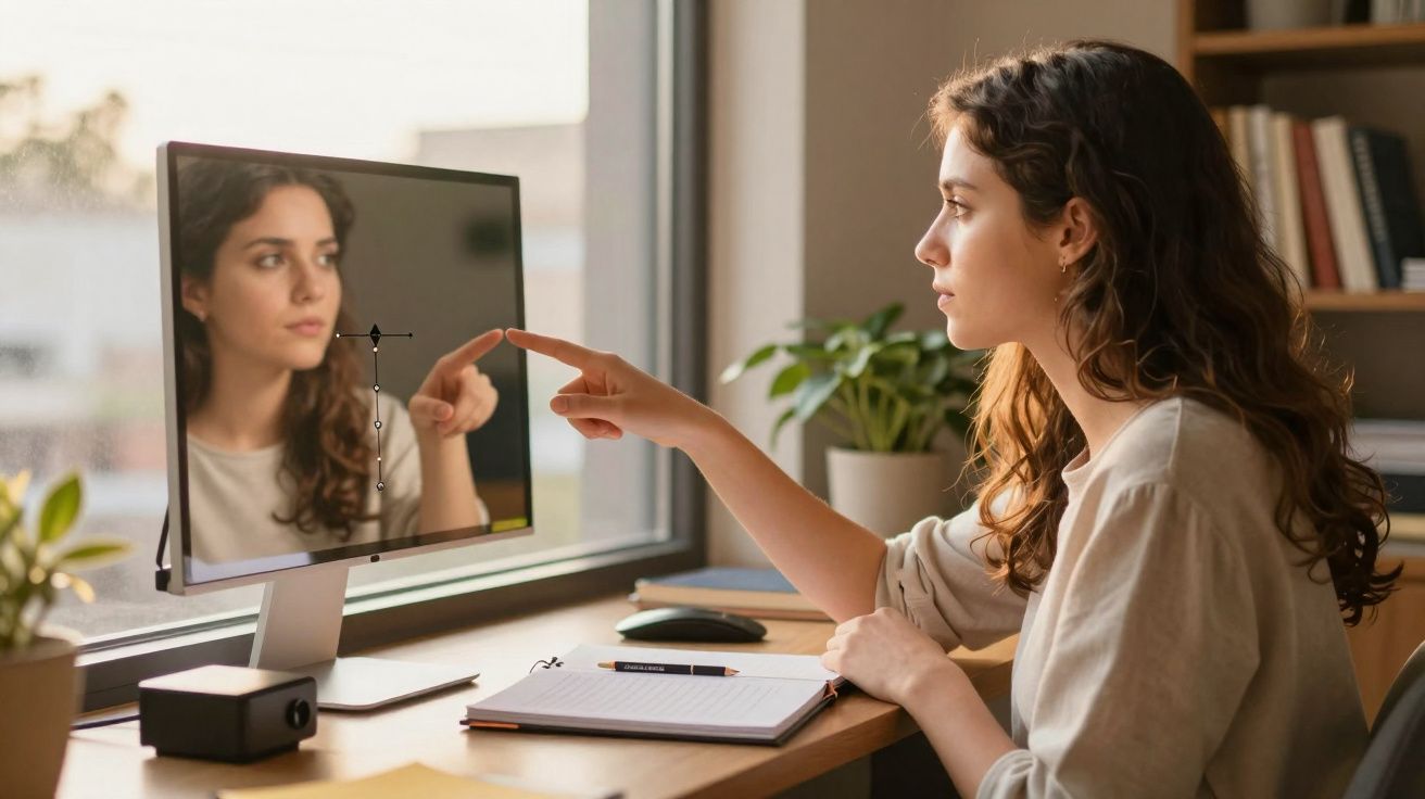 Mulher sentada numa secretária, apontando para o monitor do computador com reflexo do seu rosto.