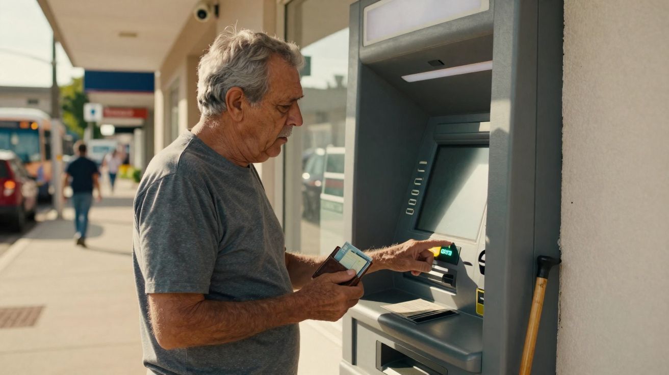 Homem idoso a usar cartão multibanco num terminal ATM na rua, com carteira na mão e bengala ao lado.