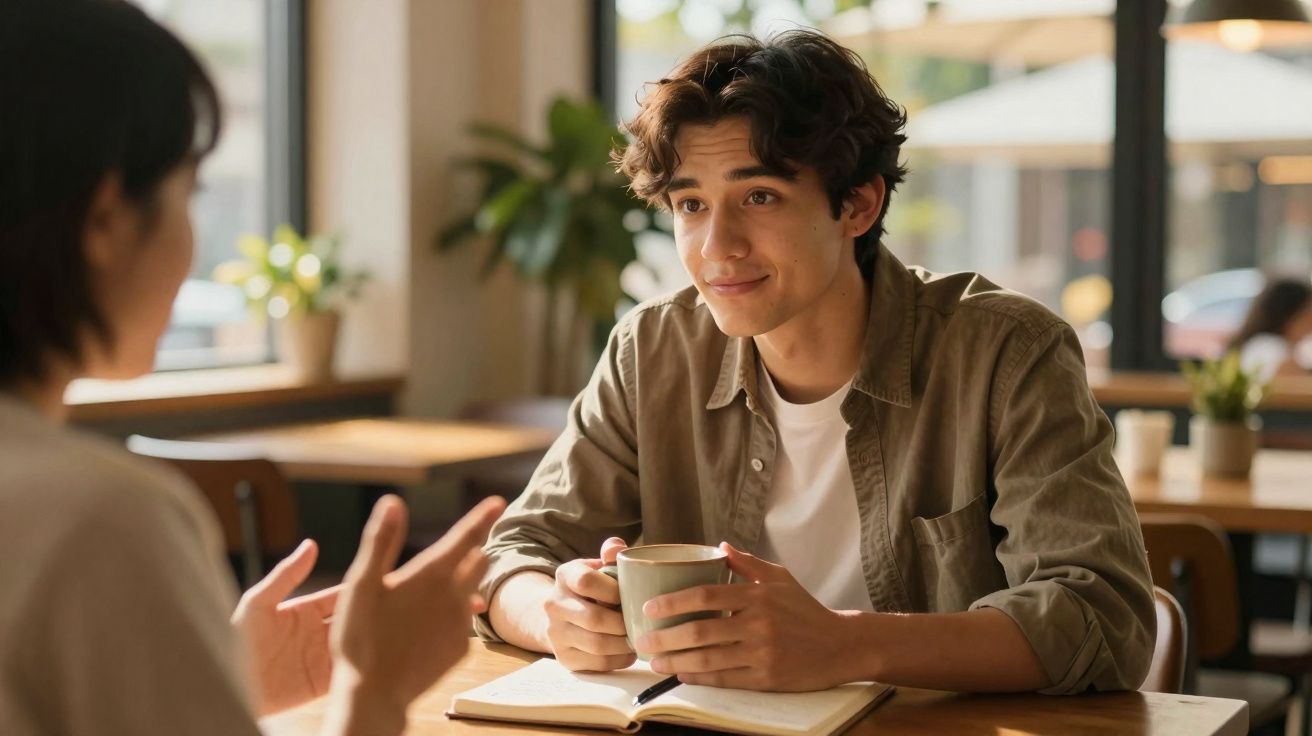 Jovem sentado numa mesa de café a ouvir atentamente outra pessoa enquanto segura uma caneca.