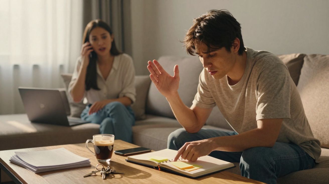 Casal em discussão na sala, ele a apontar para agenda e ela ao telefone, sentados no sofá.