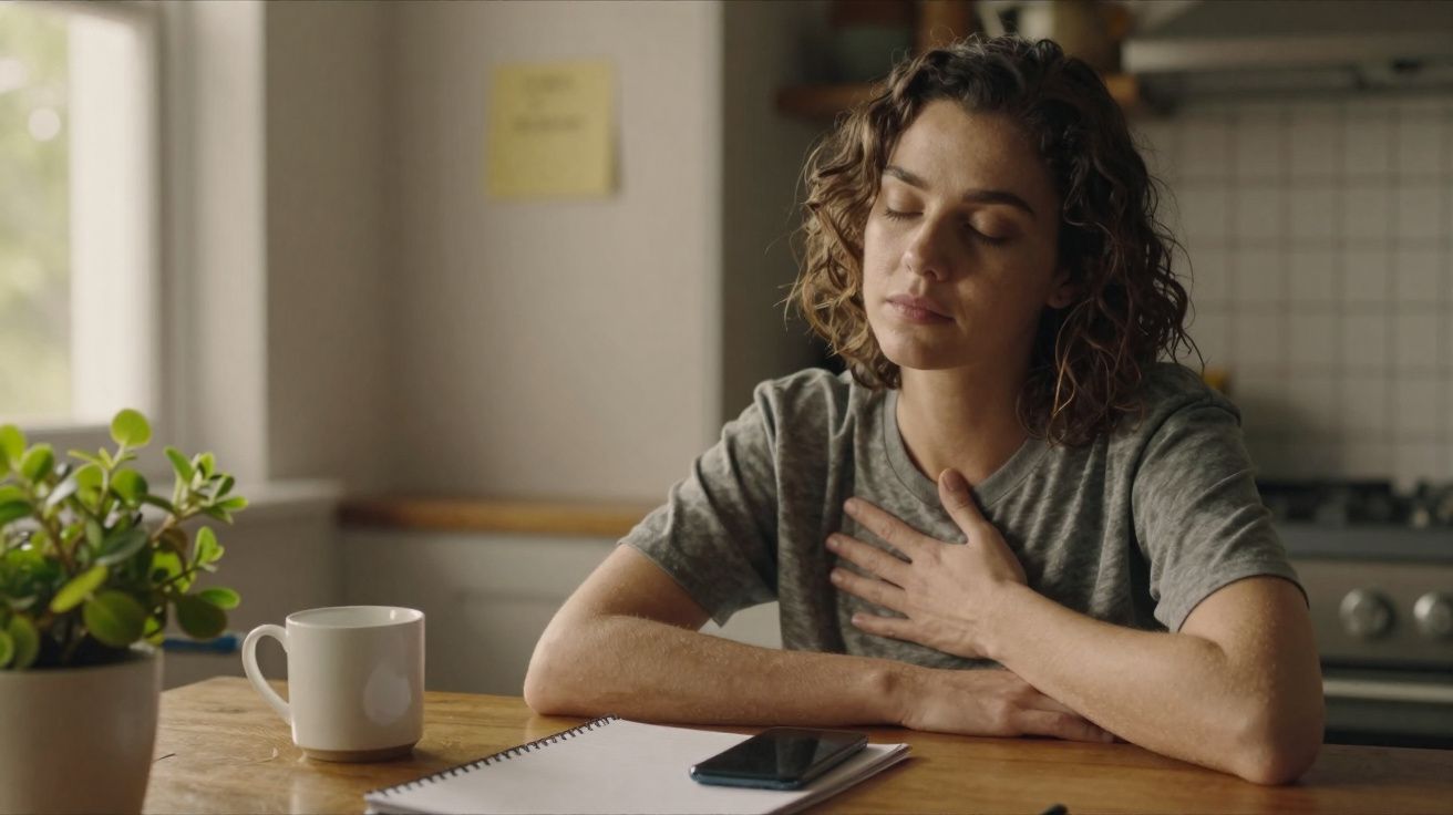 Mulher com olhos fechados e mão no peito sentada à mesa, com caneca, caderno e telemóvel à frente.