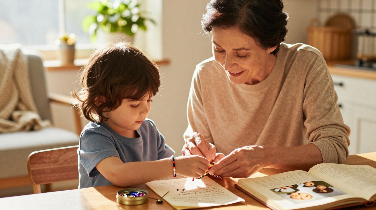 Criança e mulher idosa sentadas à mesa a fazerem manualidades com contas e livro aberto na cozinha iluminada.