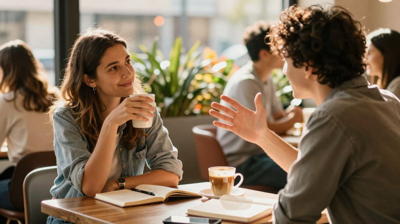 Duas pessoas a conversar e beber café numa mesa de café com livros e cadernos.