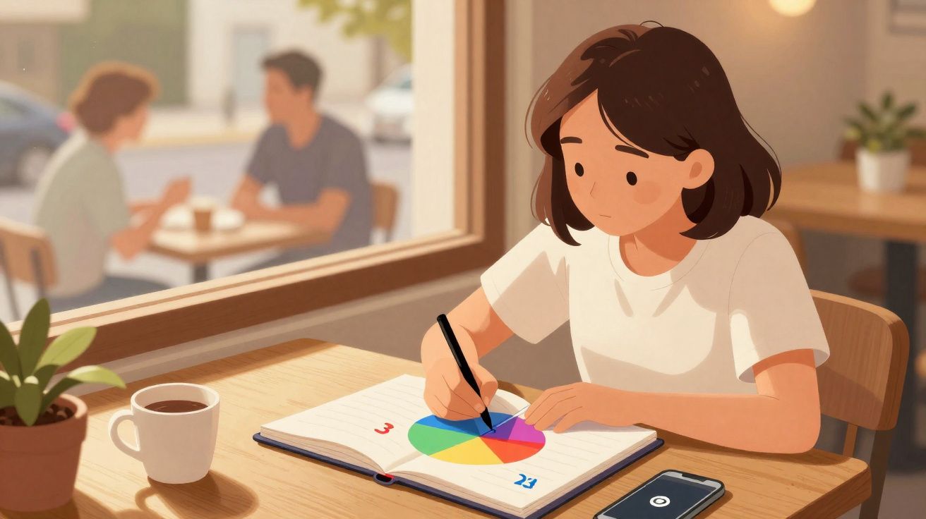 Jovem sentada a desenhar gráfico colorido num caderno, com chá e telemóvel numa mesa de café.
