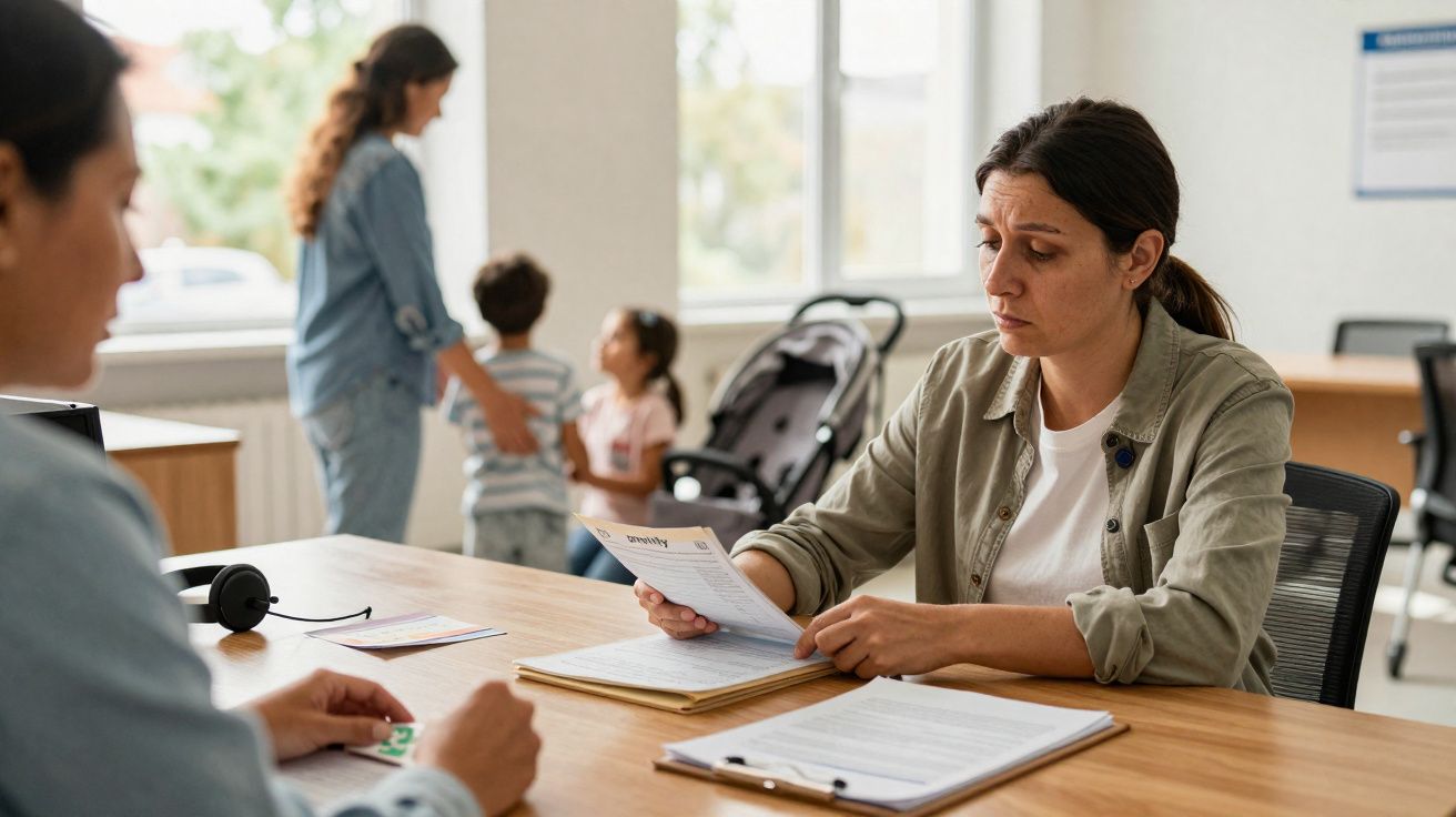 Mulher preocupada em escritório social, segurando documentos, com crianças e carrinho ao fundo.