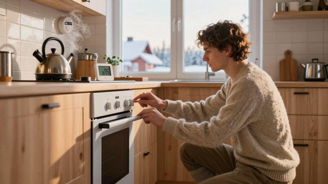 Jovem ajusta o forno na cozinha com chaleira a ferver no fogão e vista de neve pela janela.