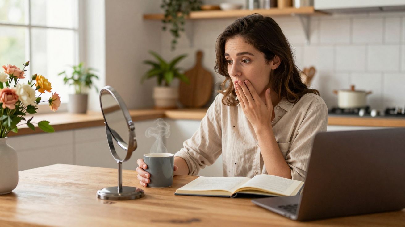 Mulher surpreendida olha para um espelho de mesa enquanto segura uma chávena quente numa cozinha moderna.