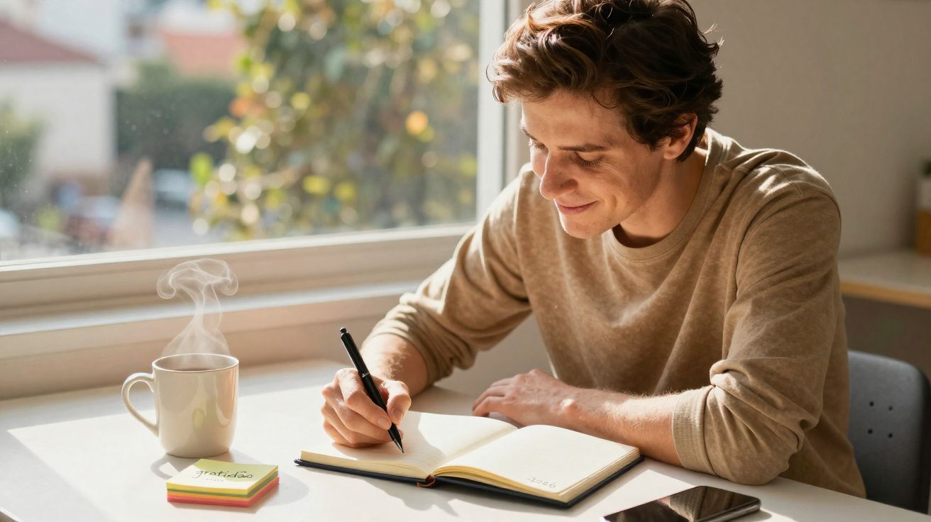 Homem sentado à mesa junto à janela a escrever num caderno com chá quente e telemóvel ao lado.