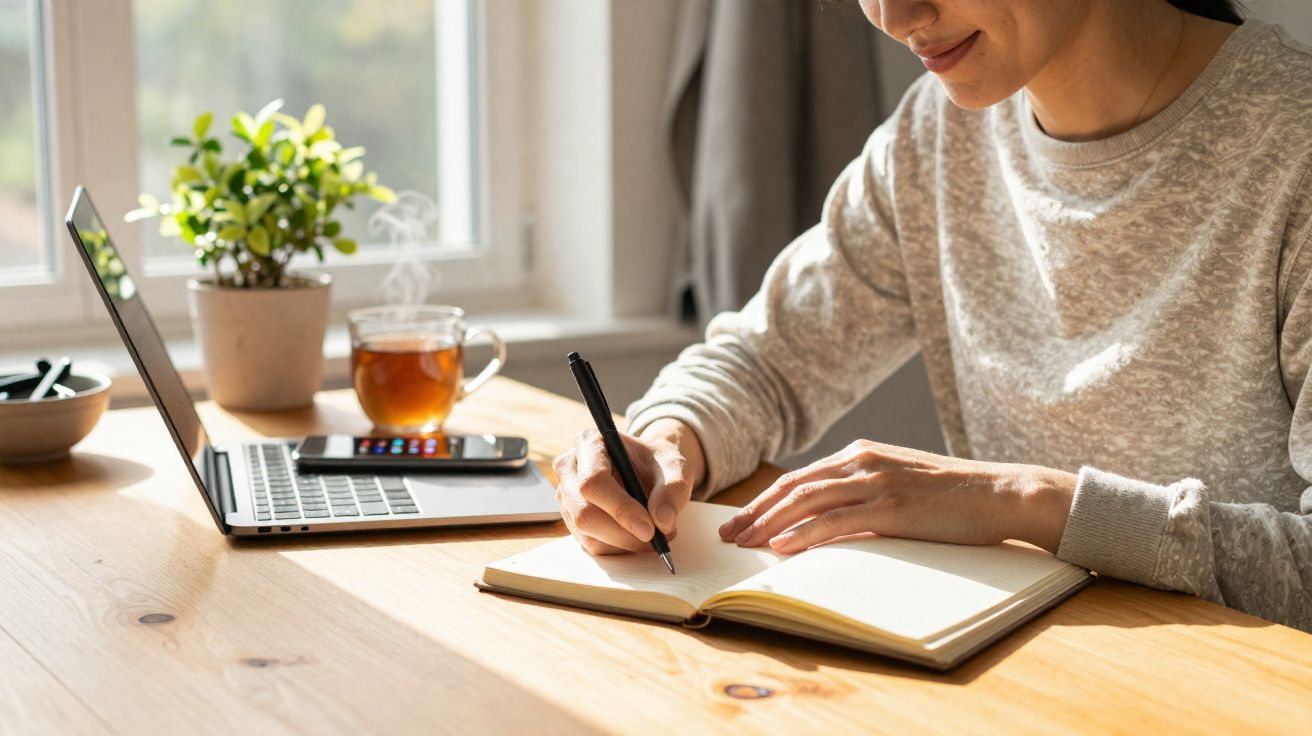 Pessoa a escrever num caderno, com computador portátil, telemóvel e chá numa mesa de madeira junto a uma janela.