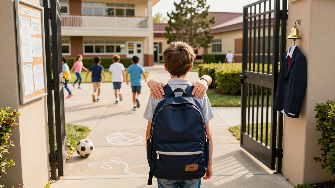 Criança com mochila é apoiada por adulto na entrada de escola, enquanto outras crianças brincam no pátio.