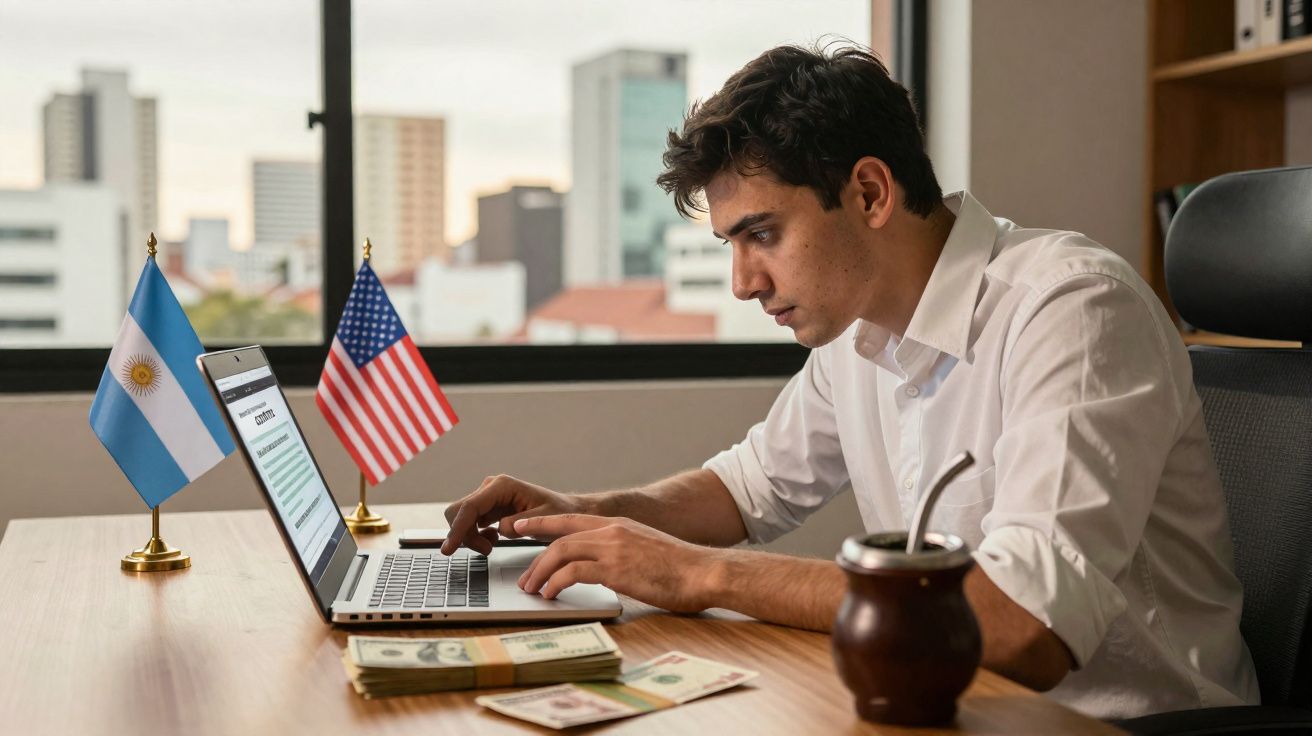 Homem a trabalhar no computador com bandeiras da Argentina e EUA, dinheiro e chimarrão na secretária.