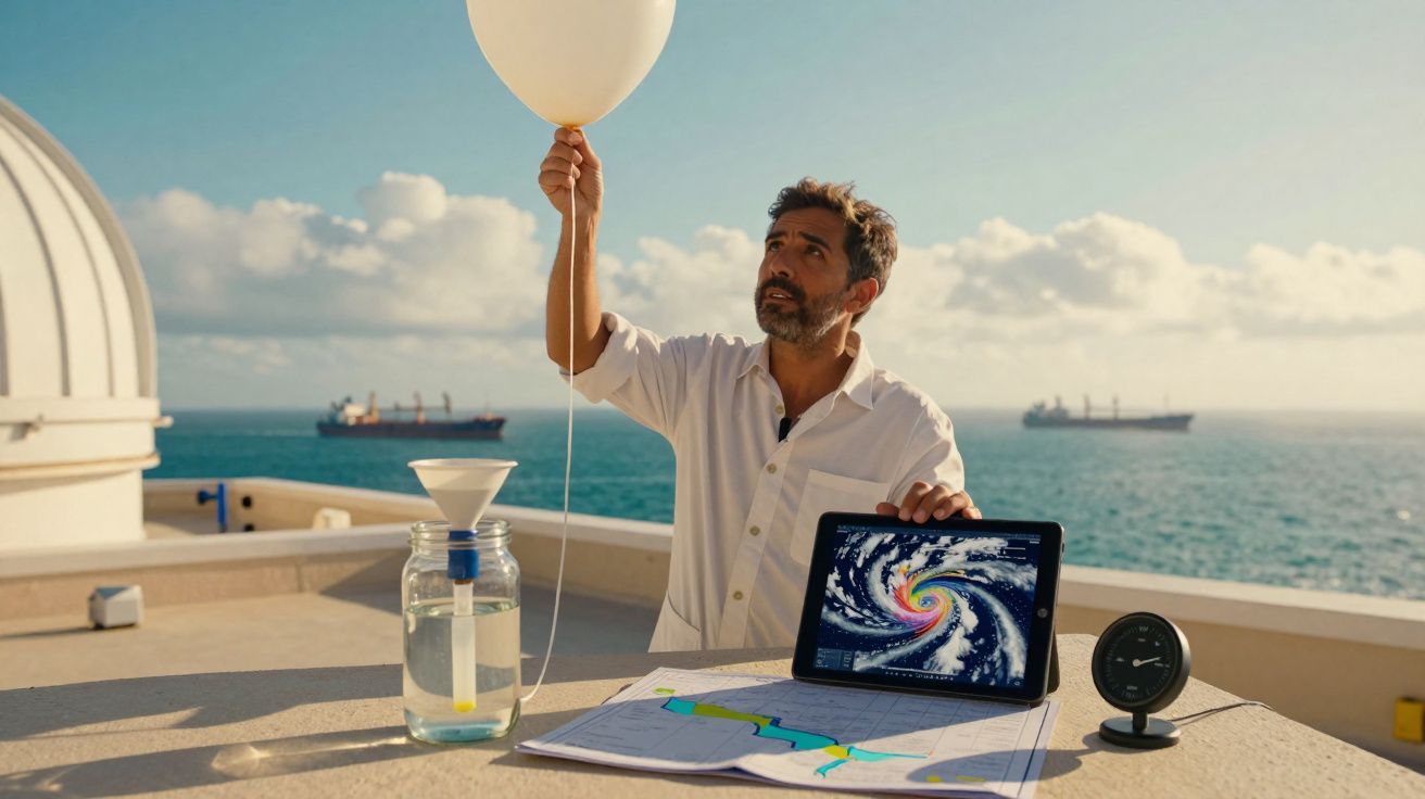 Homem segurando um balão meteorológico junto a mapas e tablet com imagem de tempestade, com o mar ao fundo.