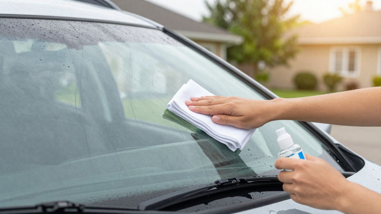 Mãos a limpar o para-brisas molhado de um carro com pano e spray de limpeza durante o dia.