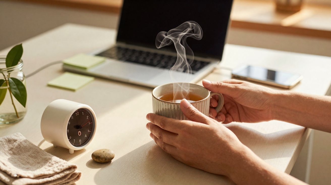 Mãos seguram chá quente numa caneca, com computador portátil, telemóvel e relógio numa secretária.