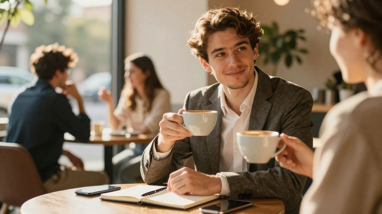 Dois jovens a conversar e brindar com chá ou café numa esplanada durante o dia.
