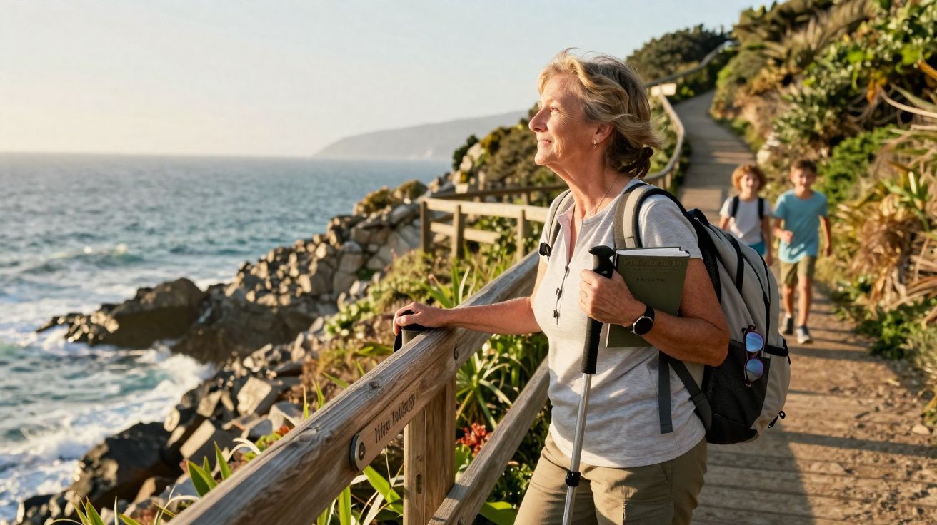 Mulher sénior com mochila e bastão de caminhada admira a vista do mar numa trilha costeira ensolarada.