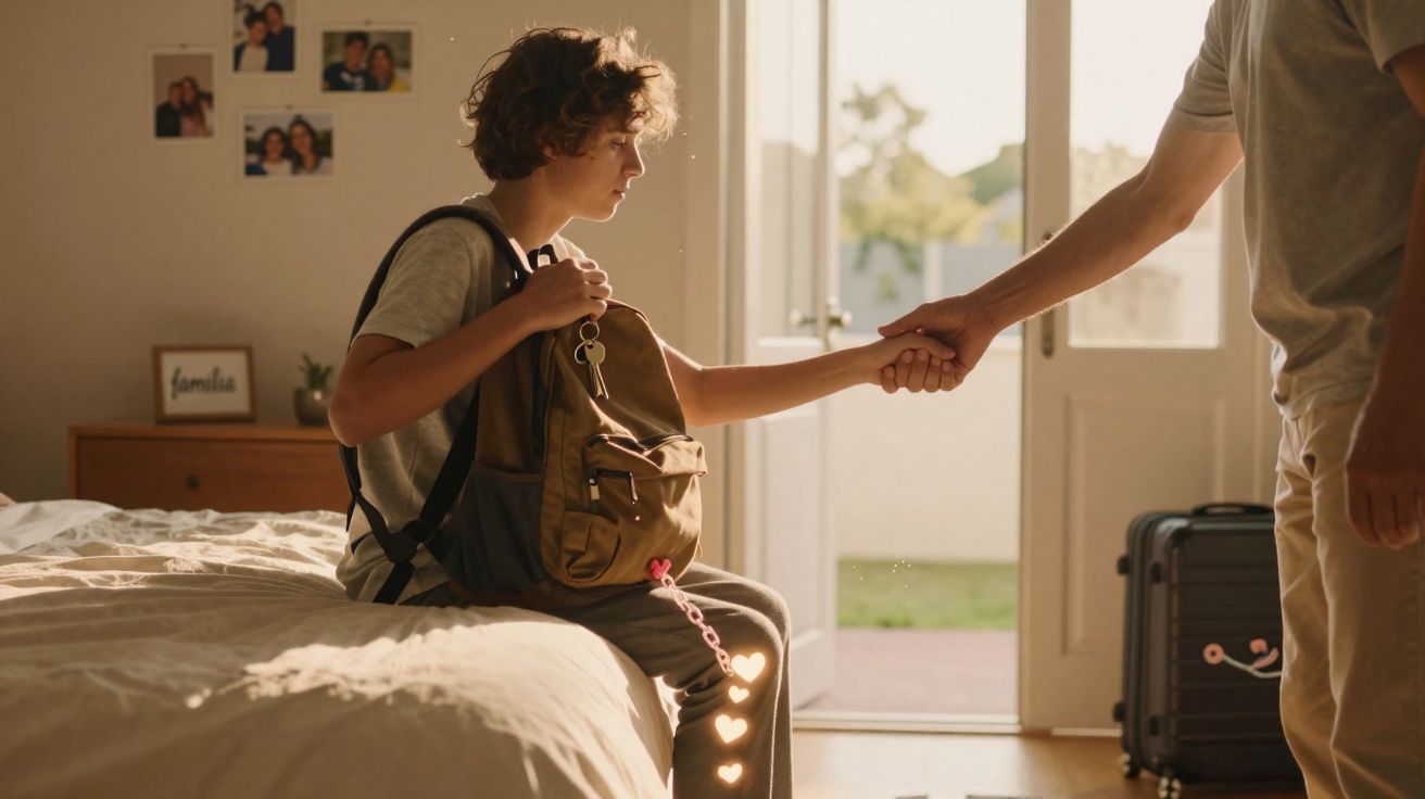 Adolescente com mochila na cama despede-se de adulto pela mão numa casa com mala ao fundo.