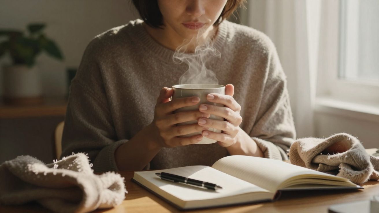 Pessoa segurando uma chávena quente de chá ou café junto a um caderno aberto e caneta numa mesa iluminada.