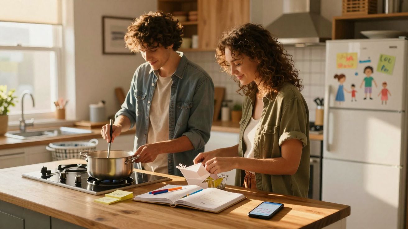 Casal jovem a cozinhar junto numa cozinha luminosa e moderna, com caderno e telemóvel na mesa.