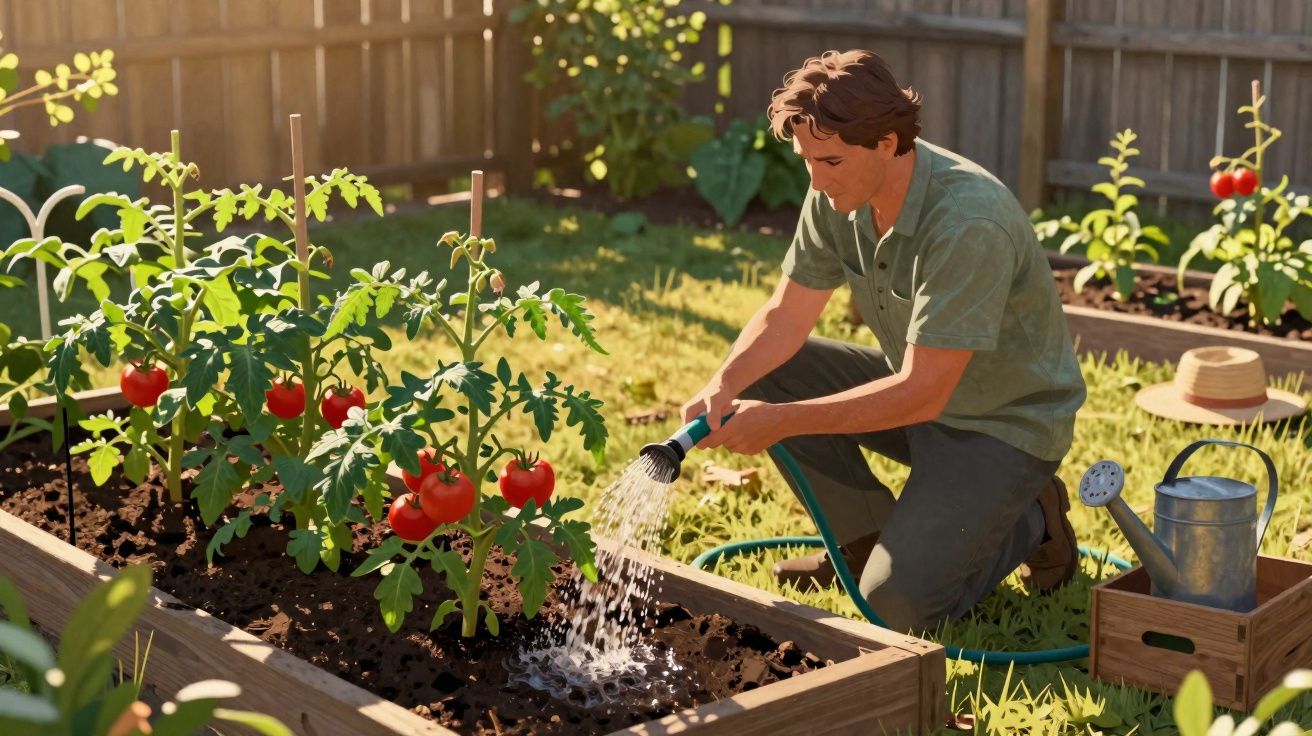 Homem rega plantas de tomateiros num canteiro elevado num jardim ensolarado.