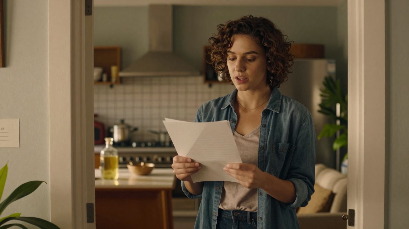 Mulher de cabelo encaracolado lê uma carta numa cozinha com eletrodomésticos ao fundo.