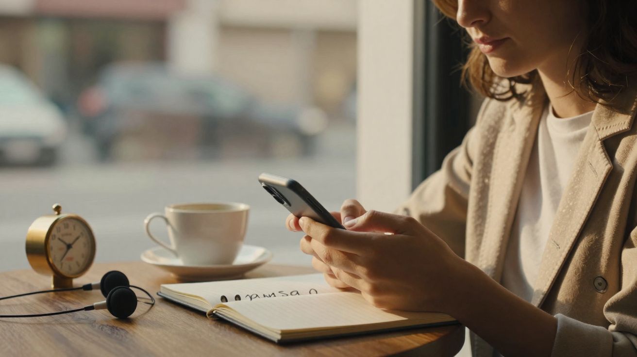 Pessoa a usar telemóvel sentada numa mesa com caderno aberto, chávena de café, auriculares e relógio analógico dourado.